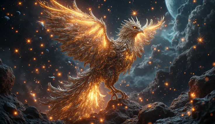 A majestic clockwork phoenix rises from the ashes of a dying star, its feathers adorned with intricate gears and glowing bioluminescent patterns. The surrounding space is filled with mechanical stars and other strange, fantastical creatures. The scene is s...