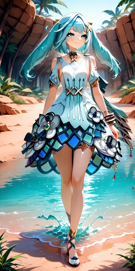 masterpiece, detailed, defined, Faruzan from Genshin Impact, full body, natural environment, In front of an oasis, near the water, sweating, slightly in profile, realistic skin, shiny skin, by day, rostro defined, rostro detailed, tender face, cheerful fac...