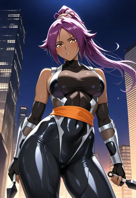 (masterpiece, best quality:1.2), cowboy shot, solo, 1 woman, ninja, female, beautiful, sexy, yoruichi shihoin, long purple hair, dark skin, 30 y.o, MILF, sleek outfit, taimanin inspired outfit, darkness, wielding kunai, standing on top of a skyscraper, bes...