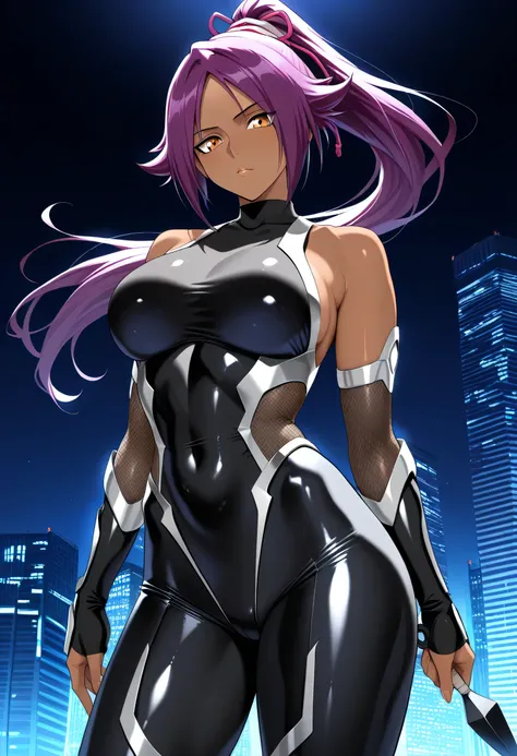 (masterpiece, best quality:1.2), cowboy shot, solo, 1 woman, ninja, female, beautiful, sexy, yoruichi shihoin, long purple hair, dark skin, 30 y.o, MILF, sleek outfit, taimanin inspired outfit, darkness, wielding kunai, standing on top of a skyscraper, bes...