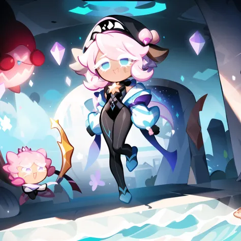 I want a singular Cookie Run Kingdom character style, their theme should be centered around peaches, painting, and jester like things. The character should be a man very feminine like; adult. Shoulder lenght short hair, the top half should be tied to the s...