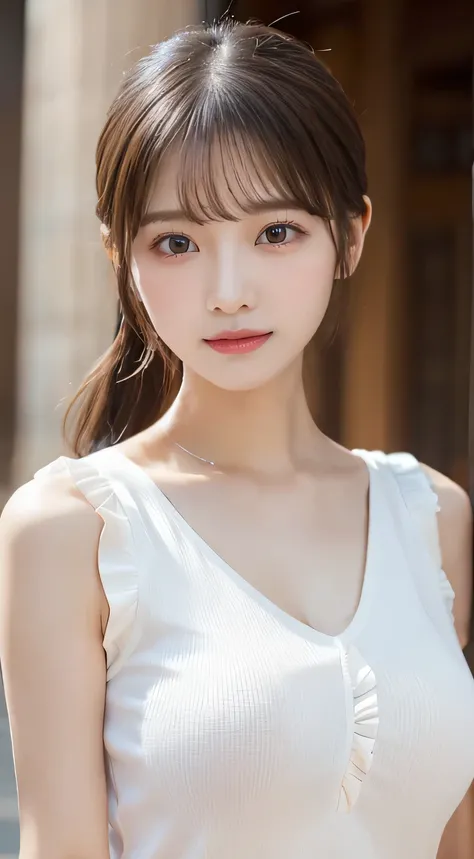 (beautiful girl、cute face、stare at viewers with pretty big breasts:1.3)、top quality,8K image、 Patchy double eyelids、happy、natural makeup on the temple floor、 Moi Strip、white skin、(Low Ponytail、 strongly blurred white background 、blouse、 frill、sleeveless t...