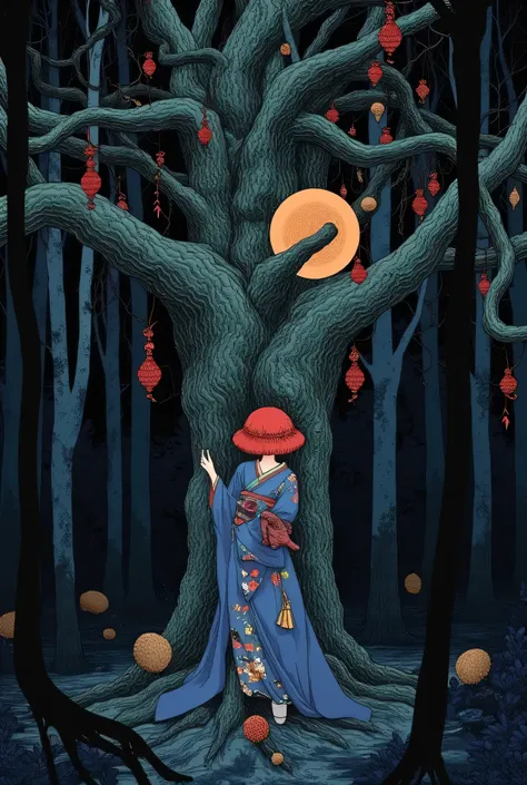 Woman in kimono standing in dark forest、meganekko:1.0、golden eyes、red hair、encircling tree々Vines、Multiple symbols floating around、一貫して pattern化された作品、Projected Shadows、 minimalism、Brilliant Color Palette、deep blue and vermilion color scheme、Dark Fantasy Ill...