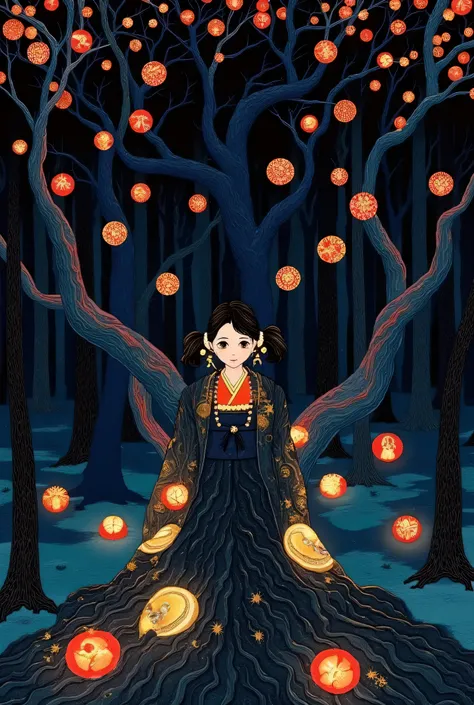 Woman in kimono standing in dark forest、pigtails、golden eyes、black hair、encircling tree々Vines、Multiple symbols floating around、一貫して pattern化された作品、Projected Shadows、 minimalism、Brilliant Color Palette、deep blue and vermilion color scheme、Dark Fantasy Illust...