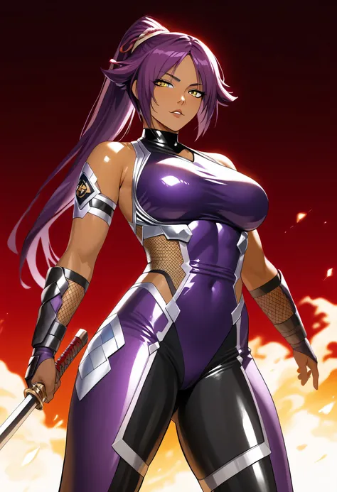 (masterpiece, best quality:1.2), cowboy shot, solo, 1 woman, ninja, female, beautiful, sexy, yoruichi shihoin, long purple hair, dark skin, 30 y.o, MILF, sleek outfit, taimanin inspired outfit, darkness, wielding kunai, standing on top of a skyscraper, bes...