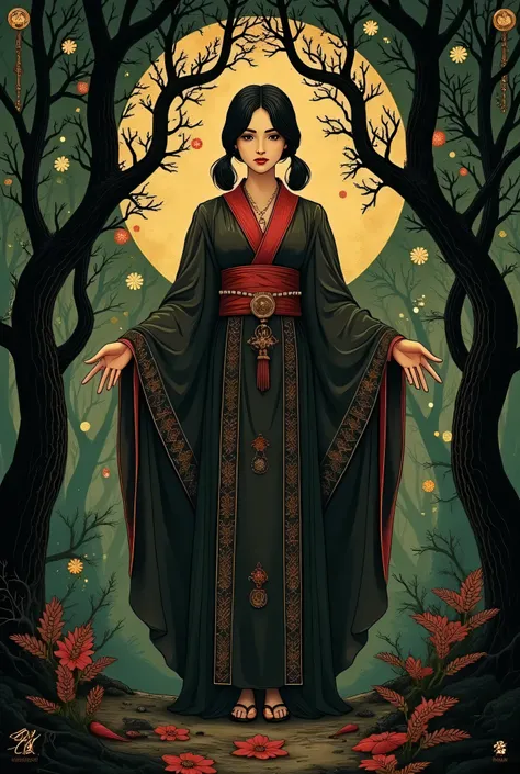 Tarot card: Woman in priest's robes standing in dark forest、golden eyes、black hair、pigtails, encircling tree々Vines、Multiple symbols floating around、一貫して pattern化された作品、Projected Shadows、 minimalism、Brilliant Color Palette、forest green and vermilion color s...