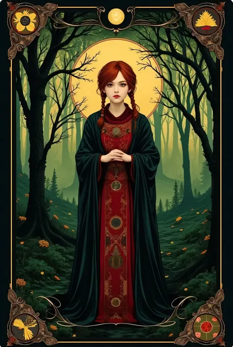 (Tarot card: 1.0), Woman in priest's robes standing in dark forest、English woman, golden eyes、red hair、pigtails, encircling tree々Vines、Multiple symbols floating around、一貫して pattern化された作品、Projected Shadows、 minimalism、Brilliant Color Palette、forest green a...