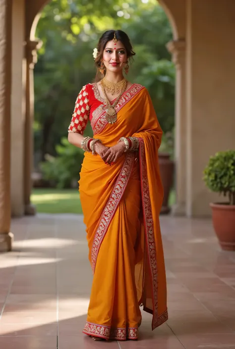 A 19 year old girl Wearing a saree and blouse and is standing on the floor