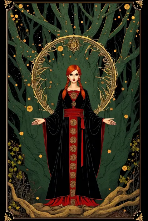 (Tarot card: 1.0), Woman in priest's robes standing in dark forest、English woman, golden eyes、red hair、pigtails, encircling tree々Vines、Multiple symbols floating around、一貫して pattern化された作品、Projected Shadows、 minimalism、Brilliant Color Palette、forest green a...