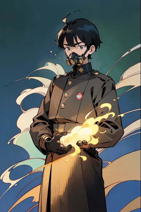 by Ken Sugimori, sugimori 1990s, ((only 1 man)), gas mask, navy military uniform, gold epaulets ((hands behind their back)), full black pupils, manga, best quality, highly detailed, clean lines, cowboy shot, good hands, good eyes, hd, 8k, professional, sym...