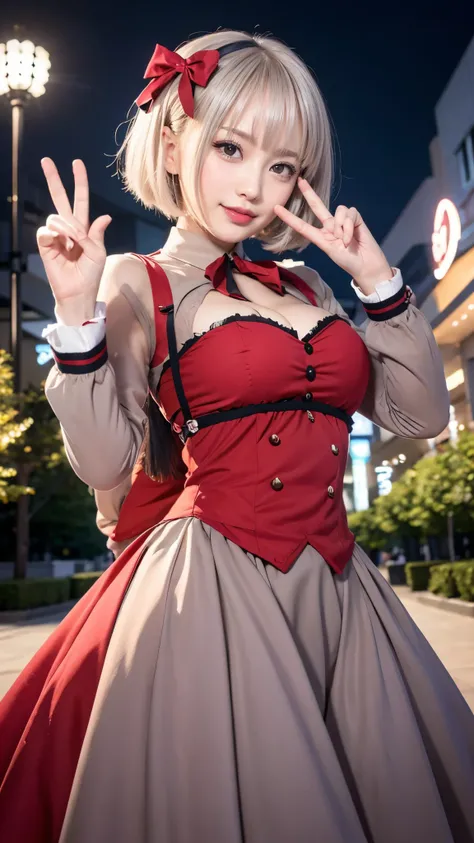 masterpiece, top quality, 8K,  RAW photos , nsfw, 1 girl, Game CG Nishikiki Chisa Miyako, bob cut, hair bow,  licorice uniform, Bicolor dress , red dress, gray dress, neck ribbon, long sleeve, beautiful breasts, Park, null, cityscape, , standing, V, open y...