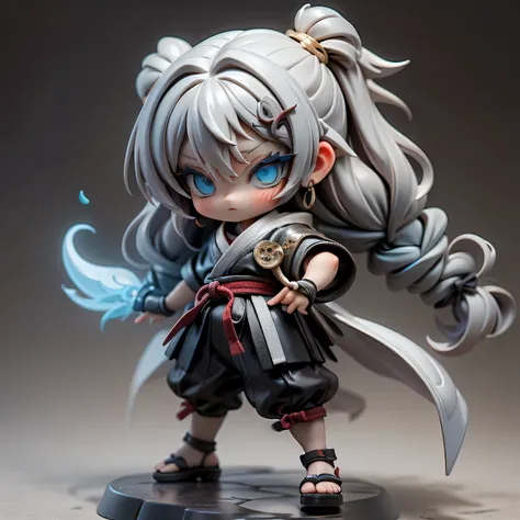 the full-body figure、a blue-eyed minicarcharacter woman with silver hair and braids、is expressed with a brave standing figure of Nioh。 The figure of a martial artist、is expressed in the finest 3DCG animation based on white。