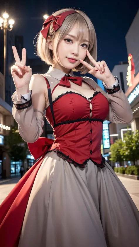 masterpiece, top quality, 8K,  RAW photos , nsfw, 1 girl, Game CG Nishikiki Chisa Miyako, bob cut, hair bow,  licorice uniform, Bicolor dress , red dress, gray dress, neck ribbon, long sleeve, beautiful breasts, Park, null, cityscape, , standing, V, open y...