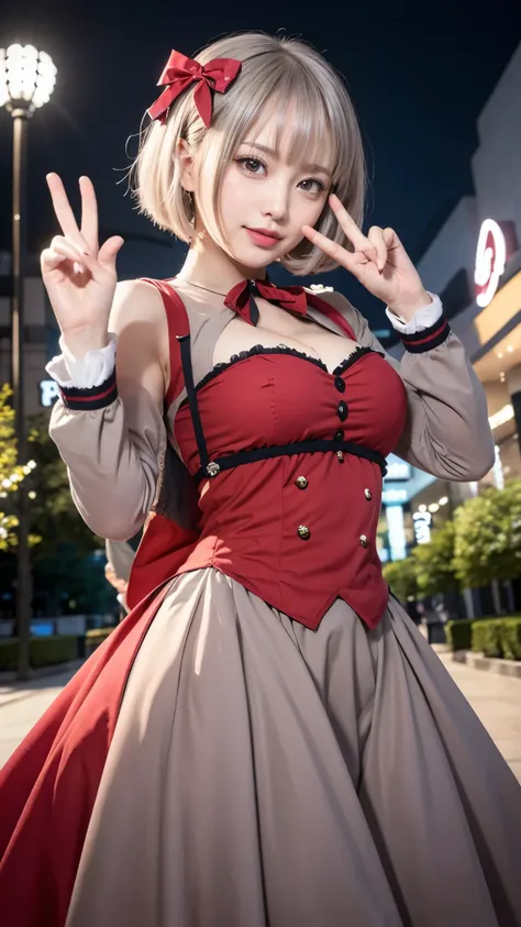 masterpiece, top quality, 8K,  RAW photos , nsfw, 1 girl, Game CG Nishikiki Chisa Miyako, bob cut, hair bow,  licorice uniform, Bicolor dress , red dress, gray dress, neck ribbon, long sleeve, beautiful breasts, Park, null, cityscape, , standing, V, open y...