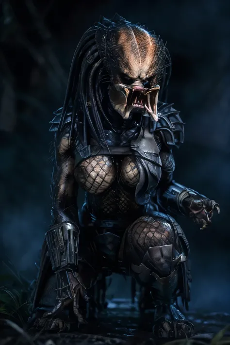  dark scene ,  Raptor Yatuja with sharp teeth, detailed head and face, perfect teeth, female,  perfect female body, very big breasts, 8 breast size, thick thighs, sex position, squatting,  sexual behavior , Night, city street , fog, particles, serious, dar...
