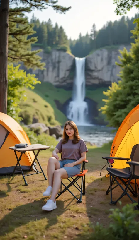 beautiful woman sitting in front of the tent, facing the camera,camping, wearing a quickdrey t-shirt, Shorts, outdoor chair, outdoor folding table, pagihari, morning sun, peaceful atmosphere, waterfall view, 4k, ultra-detailed, photorealistic, HDR, warn...