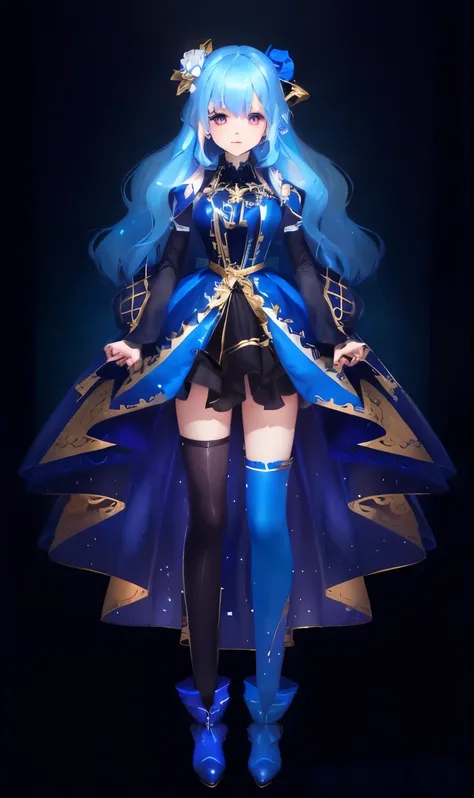  in a blue dress、golden eyes、blue hair、 Princess Dress、blue skirt、purple lining、blue boots、Vtuber、full body illustration, Masterpiece、High Quality、kosakat