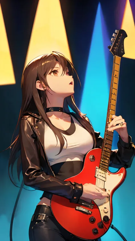female guitarist, Brown leather jacket, choker, white tank top, Arch her chest, Look Up