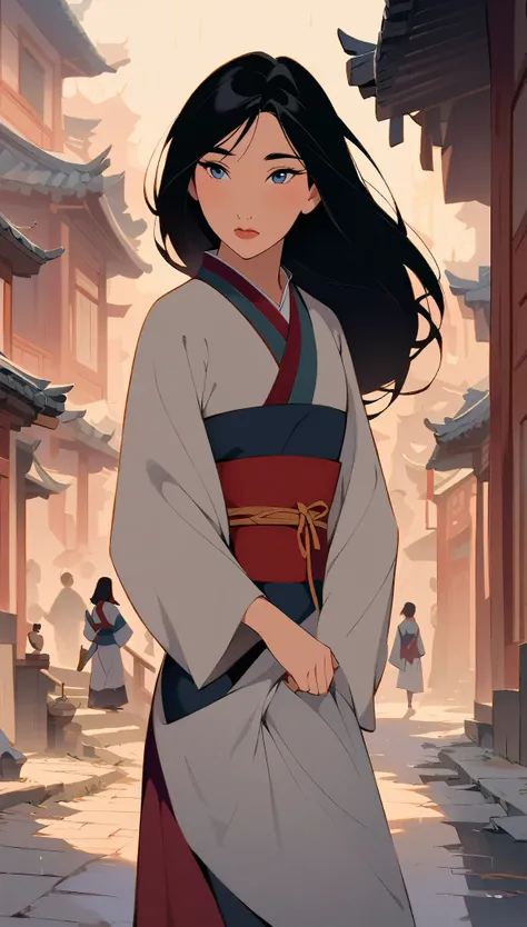 Hua Mulan,Show female shy,19 years old, like a porcelain doll, fine features, delicate,Black and red color scheme,poster,iconic disney characters。shonen style, anime style, straight hair, big hair, ((long hair)) ,japanese young woman warrior, black hair, t...