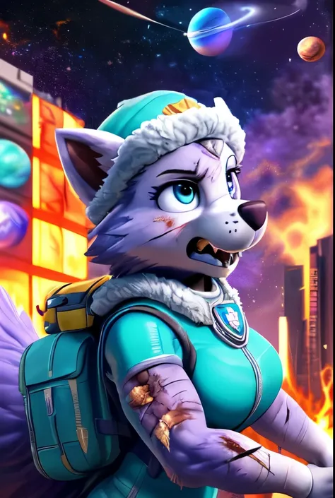 Everest, ((Paw Patrol)), ((female solo)), domestic dog, female, adult female, blue eyes, (lavender fur:1.65), ((lavender body)), (wearing space outfit:1.25), (wearing Paw Patrol bagpack:1.45), ((wearing aqua winter hat)), ((sharp teeths)), ((large fangs)),...