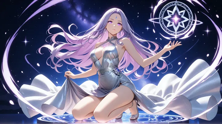 Masterpiece, Best Quality, Top Quality, Very Detailed, 1 girl, A mysterious anime sorceress with long wavy purple hair and glowing violet eyes, wearing a sparkling silver dress with runic embroidery. She kneels on a glowing rune circle, floating in a starr...