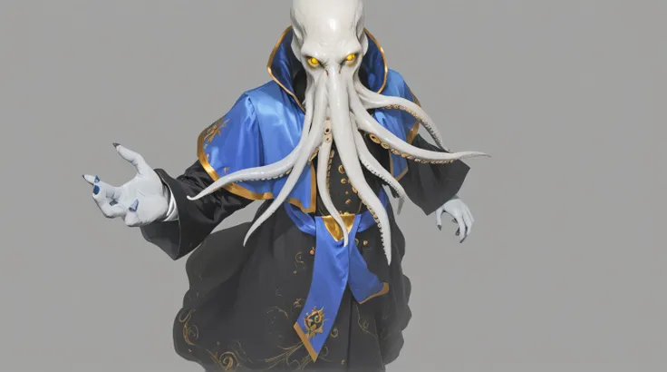(professional 3D model:1.2) of (Cthulhu-inspired octopus-headed sorcerer:1.3), (eldritch horror:1.2), (white facial tentacles with suction cups:1.1), (glowing sinister yellow eyes:1.2), (royal blue ceremonial robes:1.1) with (ancient gold embroidered trim:...