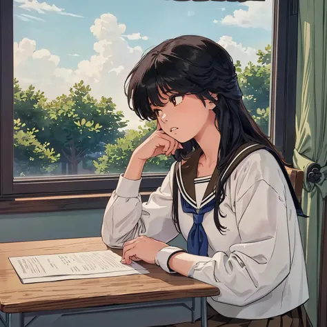(((a girl with long black hair, wearing a brown sailor uniform, sitting at her desk by the window. She is resting her cheek on her hand, gazing absently outside with a calm, slightly melancholic expression. The background features a window with soft natura...