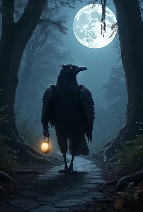 > A heroic black bird walking alone on a forest path under moonlight, carrying a small glowing satchel. Epic fantasy style, night scene, 4k.anthropomorphic