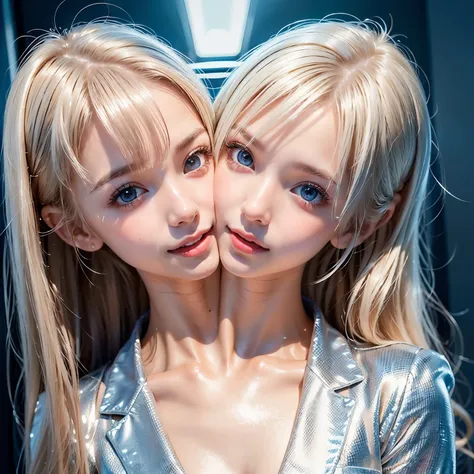 (twoheads:1.2), portrait 、 school uniform、 bright expression 、 ponytail、 Young, shiny, shiny white shiny skin 、Great looks、Blonde reflection、Platinum blonde hair with highlights、 shiny bright hair ,、Smooth, super long, straight hair、Shiny, beautiful bangs...