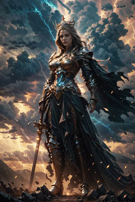 full body, long shot, low angle view, epic divine female warrior inspired by Roman mythology, (celestial armor with golden engravings), red flowing cape, glowing ornate spear, crown with halo, ethereal aura, feathers drifting in the air, standing in ancien...
