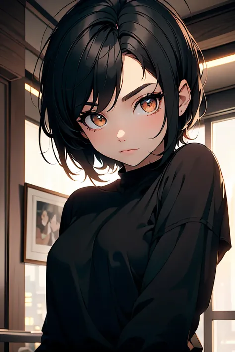   young girl, 14 anos, bonita, Pixie style short black hair,  , wearing a casual black blouse . Best Quality, obra-prima, ((pretty face)) hd, Focus on the face,