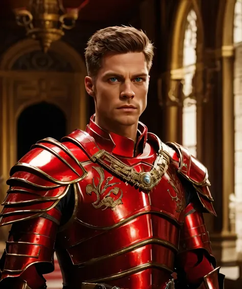 A General, he has blue eyes and brown hair. He is wearing full red armour. Realistic with cinematic vibe.