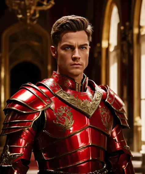 A General, he has blue eyes and brown hair. He is wearing full red armour. Realistic with cinematic vibe.