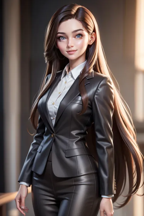 A hyper realistic carricature ,photorealism,of a woman 30 yo.with long hair style,standing.wearing brown office suit ,light smile, high detail,3d render,high definition.medium body