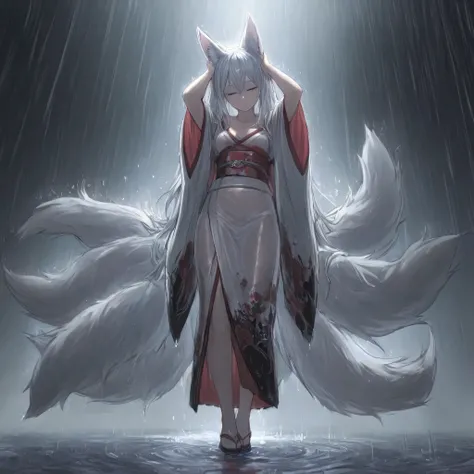 {{{{{Illustration}}}}},By Yuko Shimizu,An anthropomorphic girl with 9 tails Magic Kitsune Add_Detail, anthropomorphic Japanese beauty, kimono, Kitsune 9 colas,female focus on, {{paint washed with colored ink}},{{ink splash}},{{color splash}},{{{colorful}}}...
