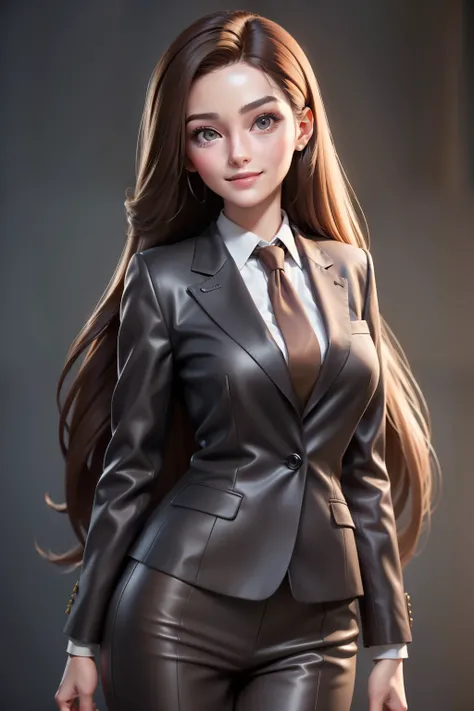 A hyper realistic carricature ,photorealism,of a woman 30 yo.with long hair style,standing.wearing brown office suit ,light smile, high detail,3d render,high definition.medium body,front view