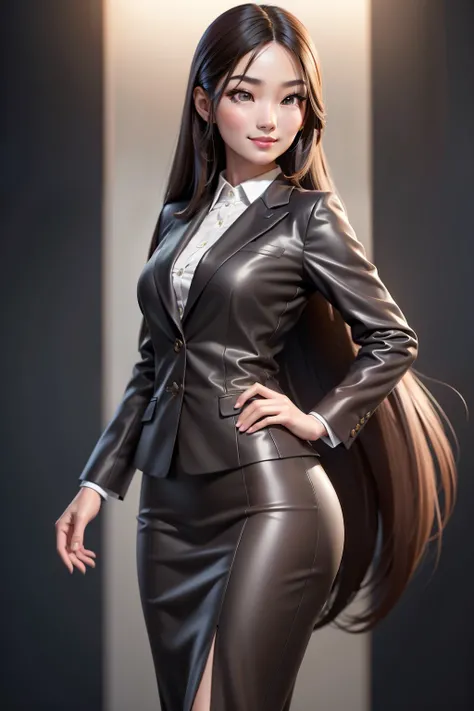 A hyper realistic carricature ,photorealism,of beautiful asian woman 30 yo.with long hair style,standing.wearing brown office suit ,light smile, high detail,3d render,high definition.medium body,front view,graceful posture