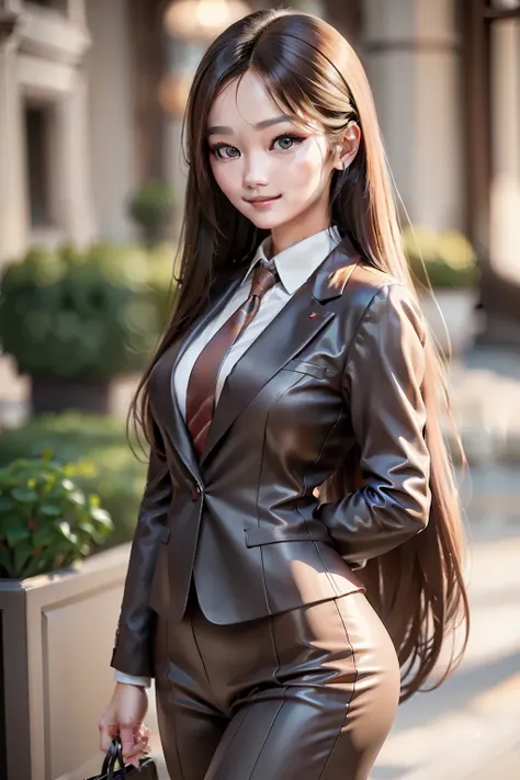 A hyper realistic carricature ,photorealism,of beautiful asian woman 30 yo.with long hair style,standing.wearing brown office suit ,light smile, high detail,3d render,high definition.medium body,front view,graceful posture