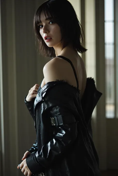 (((Burning Up Early 20th Century European Town:2.0))),((Midnight City:1.7)),(((WW2 Era Atmosphere:2.0))),side view from the back,Side pose,((Looking back and looking at the camera:2.0)),((look back over my shoulder:2.0)),Rear View,One female clown,(cute fa...