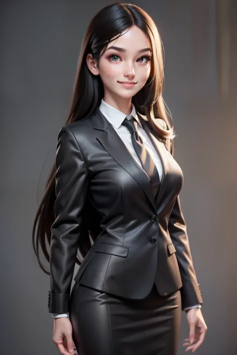 A hyper realistic carricature ,photorealism,of a woman 30 yo.with long black hair ,standing.wearing brown office suit ,light smile, high detail,high definition.medium body,front view