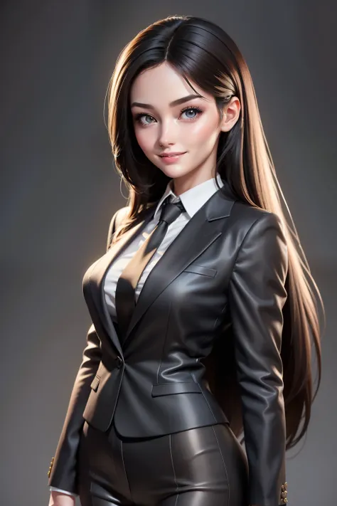 A hyper realistic carricature ,photorealism,of a woman 30 yo.with long black hair ,standing.wearing brown office suit pants ,light smile, high detail,high definition.medium body,front view
