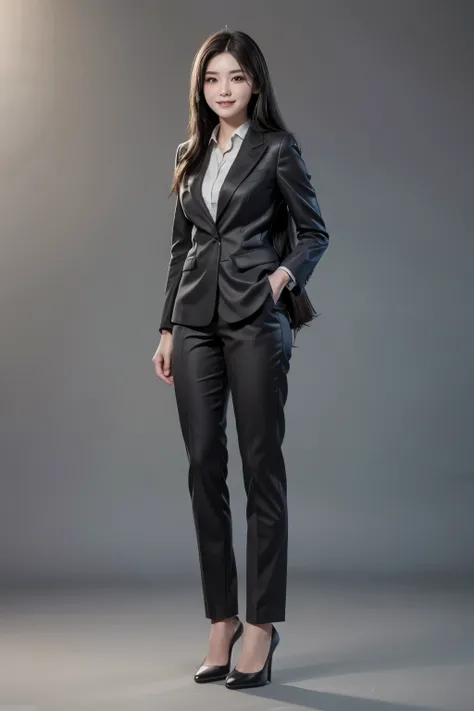 A hyper realistic carricature ,photorealism,of a woman 30 yo.with long black hair ,standing.wearing brown office suit pants ,light smile, high detail,high definition.full body,front view