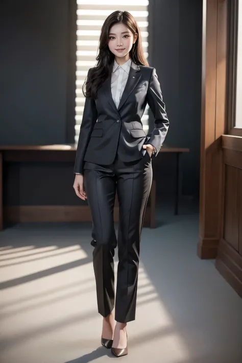 A hyper realistic carricature ,photorealism,of a woman 30 yo.with long black hair ,standing.wearing brown office suit pants ,light smile, high detail,high definition.full body,front view
