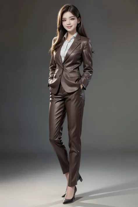 A hyper realistic carricature ,photorealism,of a woman 30 yo.with long hair ,standing.wearing brown office suit pants ,light smile, high detail,high definition.full body,front view