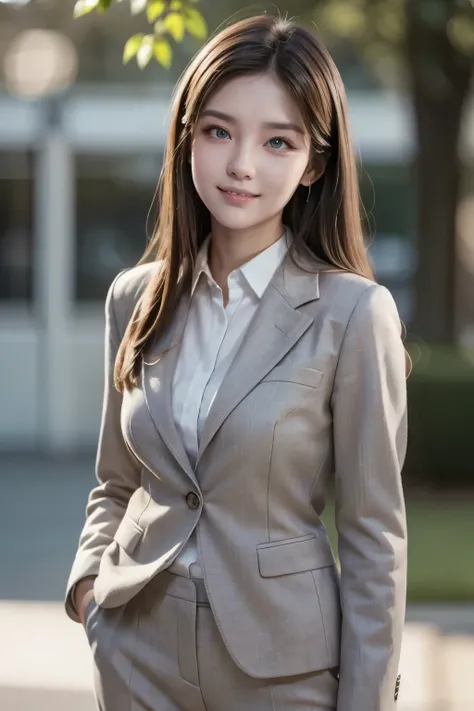 A hyper realistic carricature ,photorealism,of a woman 30 yo.with long hair ,standing.wearing brown office suit pants ,light smile, high detail,high definition.medium body,front view