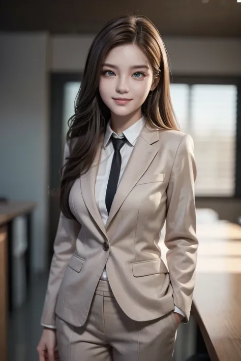 A hyper realistic carricature ,photorealism,of a woman 30 yo.with long hair ,standing.wearing brown office suit pants ,light smile, high detail,high definition.medium body,3d render,front view