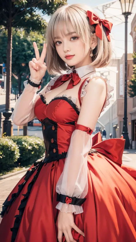 masterpiece, top quality, 8K,  RAW photos , nsfw, 1 girl, Game CG Nishikiki Chisa Miyako, bob cut, hair bow,  licorice uniform, Bicolor dress , miniskirt, red dress, gray dress, neck ribbon, long sleeve, beautiful breasts, Park, null, cityscape, , standing...