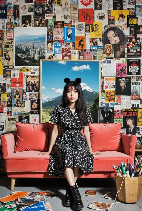 A surreal retro collage artwork composed of vintage magazine cutouts, chaotic and rebellious composition, torn paper textures, bold pop colors, cute and adorable pose, absurd juxtapositions, nostalgic aesthetic. Hidden within the vibrant scene is a black a...
