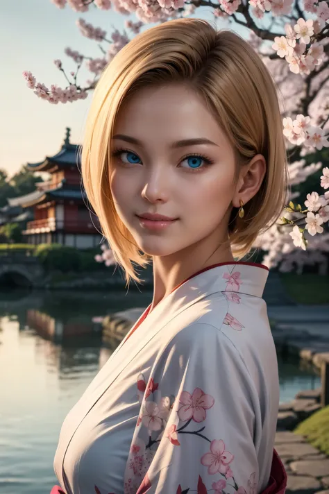 No.18,Dragon Ball Z,One-length hair,beautiful white blond hair, beautiful blue eyes ,PINK LIPS,white skin,in a sakura-colored kimono studded with beautiful gold leaf,smile,ultra-high image quality of processing,super quality,masterpiece,dslr,photorealistic...