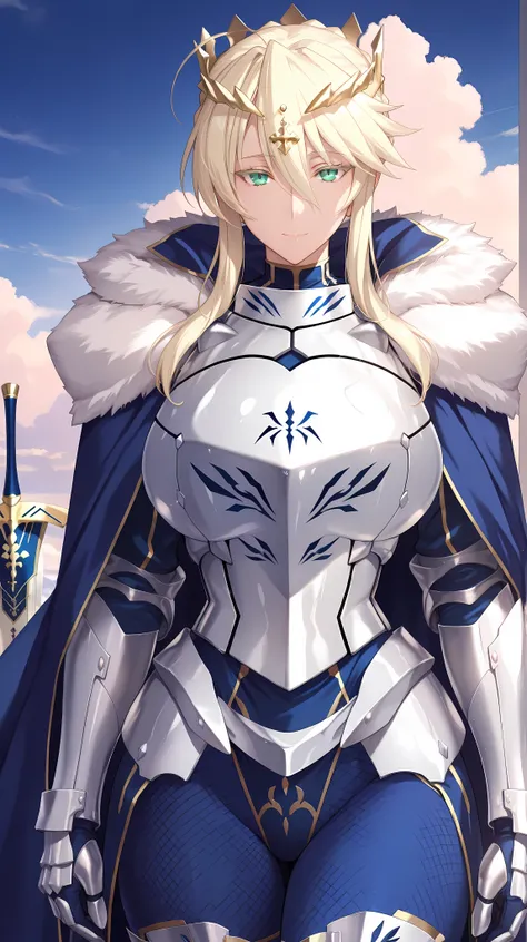Masterpiece, SFW, very aesthetic, elegant mature woman, artoria pendragon (lancer) (fate), artoria Pendragon Armor, battle worn armor, breastplate,, visual novel cg style, breast armor (covered breasts) , full lace body tights, white armor , fur and  blue ...